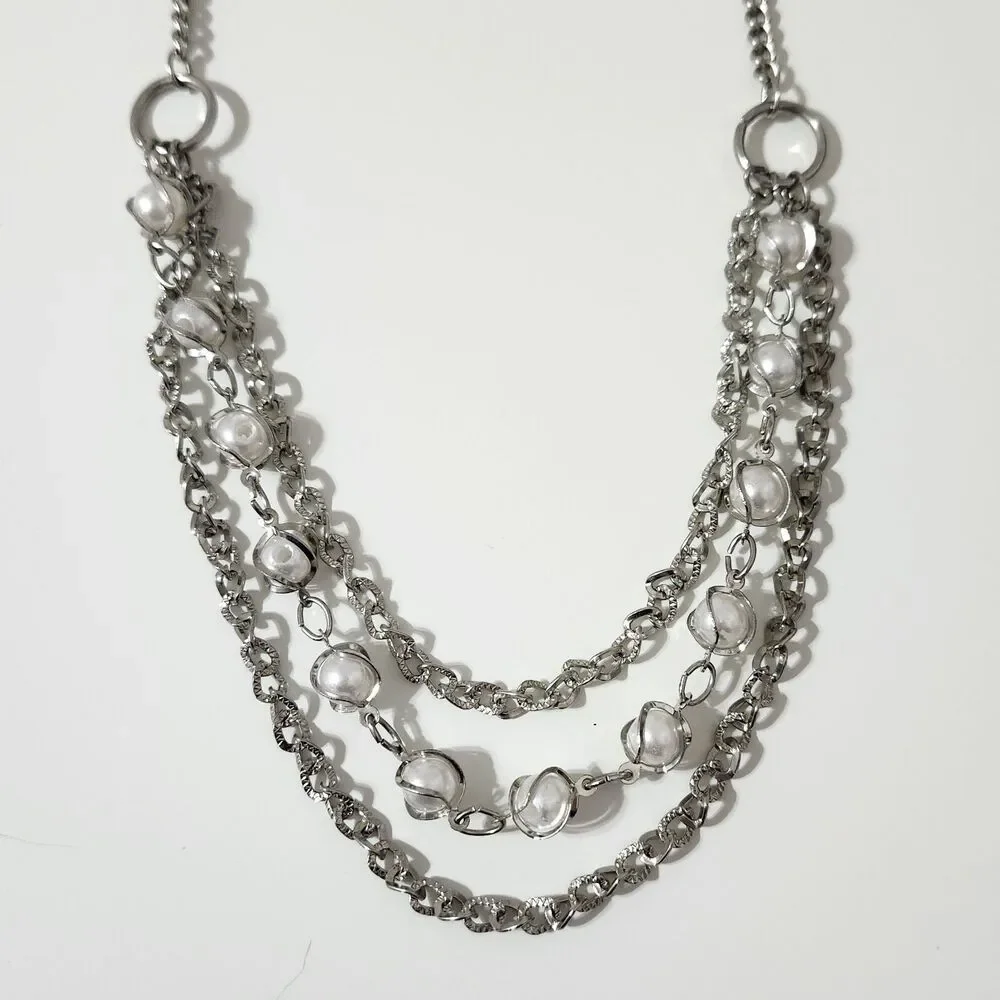 Multi Strand Layered Silver Tone Pearl Beaded Chain Ringlet Necklace Lobster